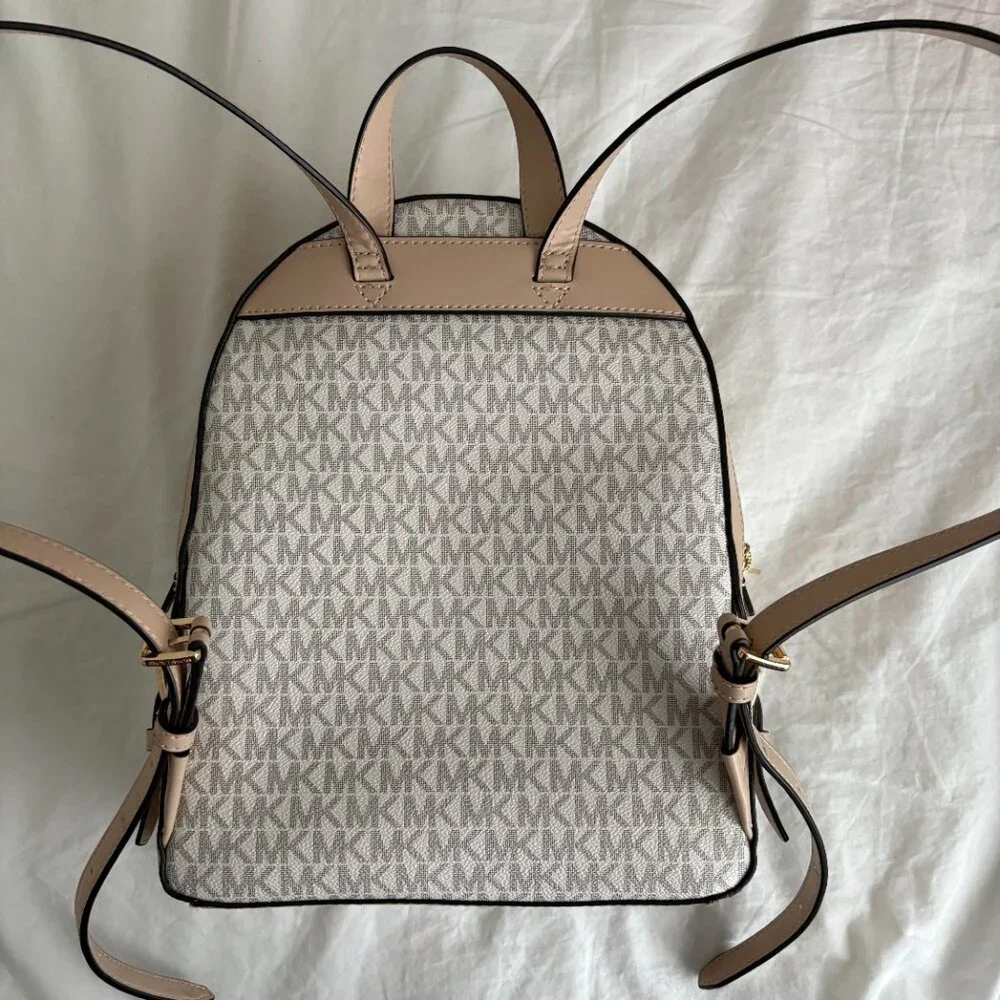 Michael Kors Jaycee Medium Backpack Vanilla Beige Coated Canvas Bag Quiet Luxury